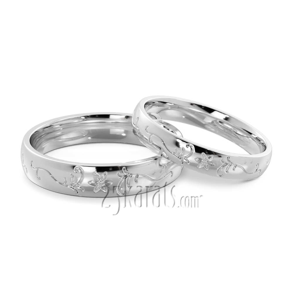 Floral Design Wedding Band Set (3.5 mmm wide)