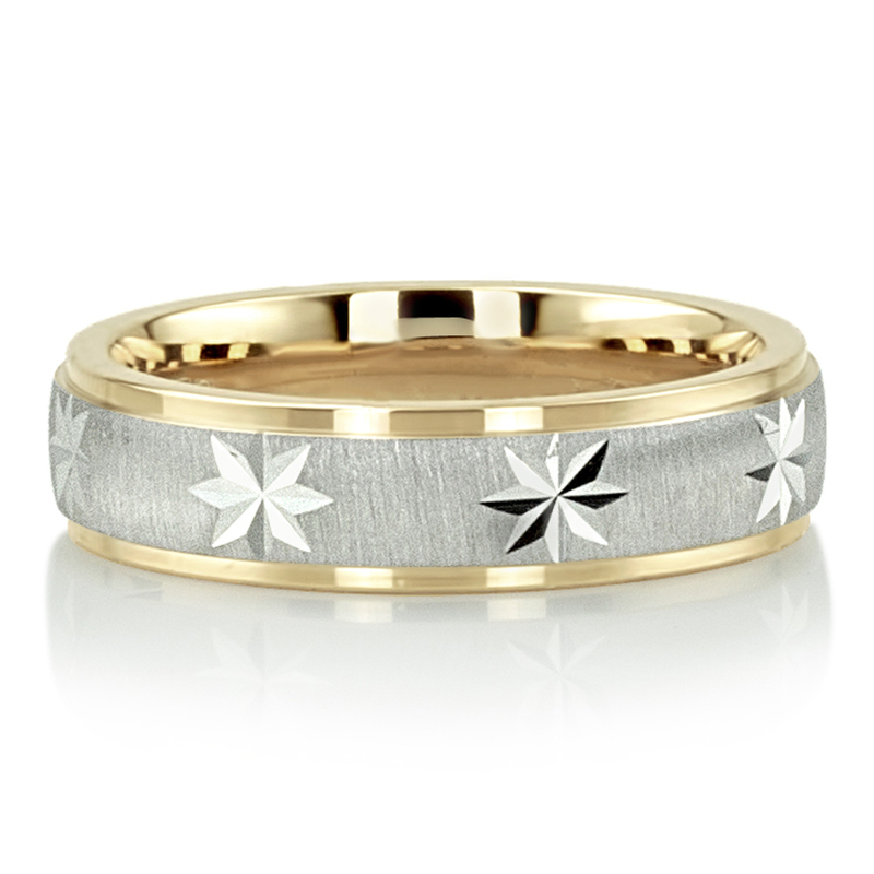 10K yellow-white-yellow gold 5mm. cross satin diamond-carved-wedding-ring - alternate view 13