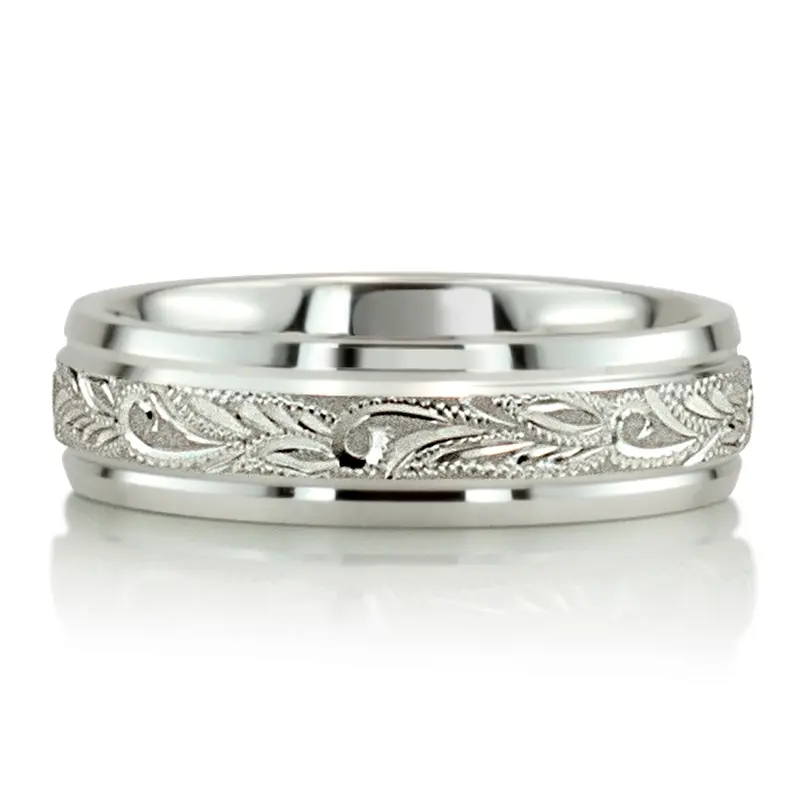 14K yellow gold 5mm. sand blast hand-engraved-fancy-carved-wedding-band - alternate view 6