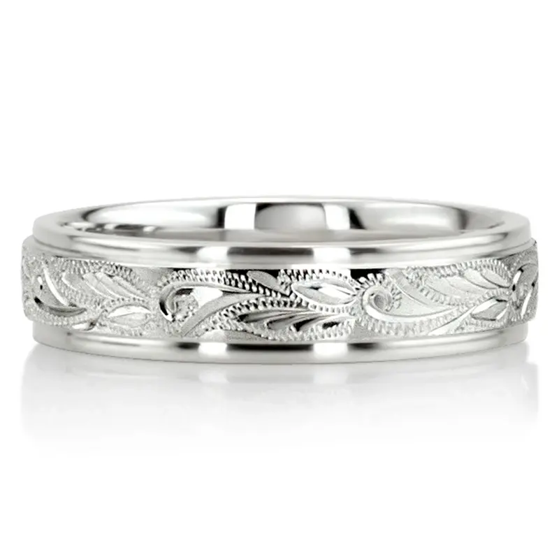 14K white gold 5mm. satin hand-engraved-fancy-carved-wedding-band - main view