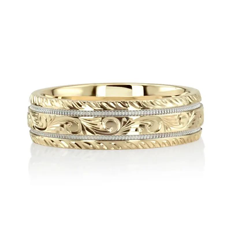 14K y-w-y-w-y gold 6mm. shiny finish hand-engraved-fancy-carved-wedding-band - alternate view 4