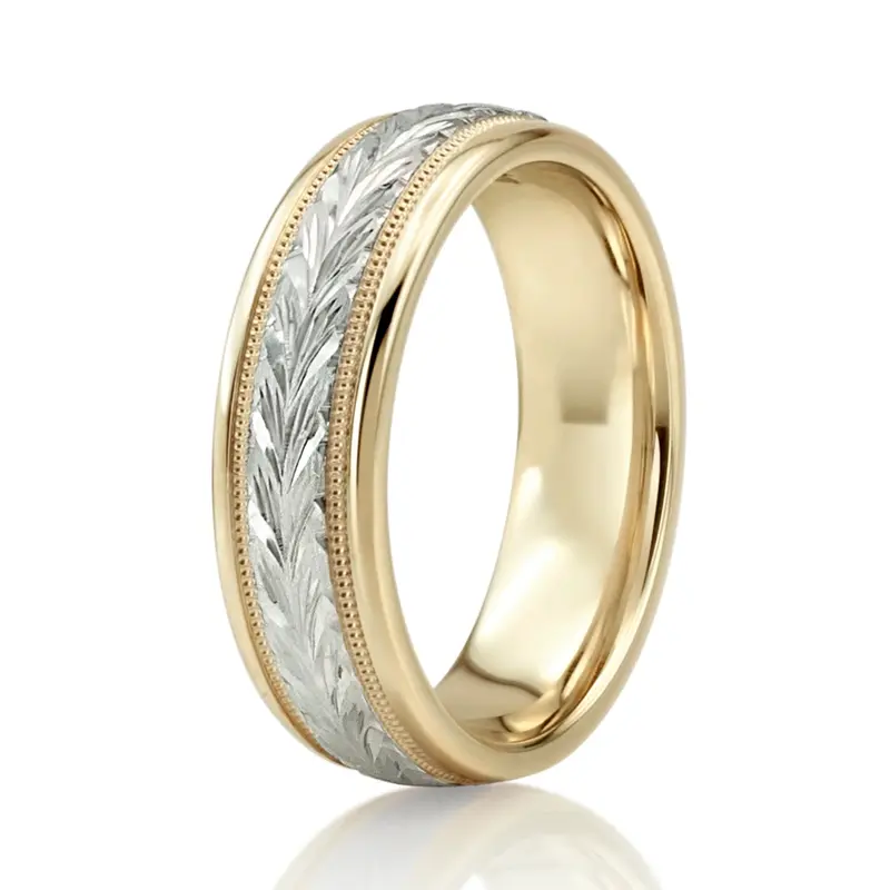 18K yellow-white-yellow gold 6.5mm shiny finish hand-engraved-fancy-carved-wedding-band - alternate view 11