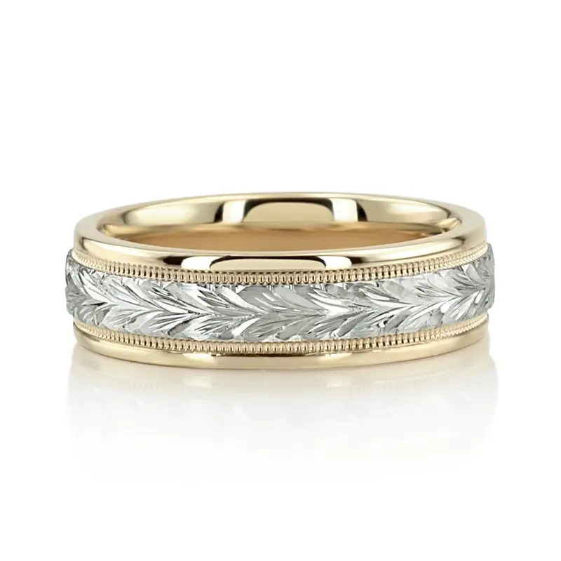 18K yellow-white-yellow gold 6.5mm high polish hand-engraved-fancy-carved-wedding-band - alternate view 4