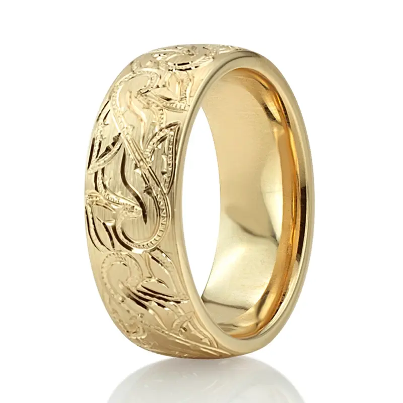 14K yellow gold 7mm. satin finish Chic-Leaf-Design-Wedding-Band - alternate view 6