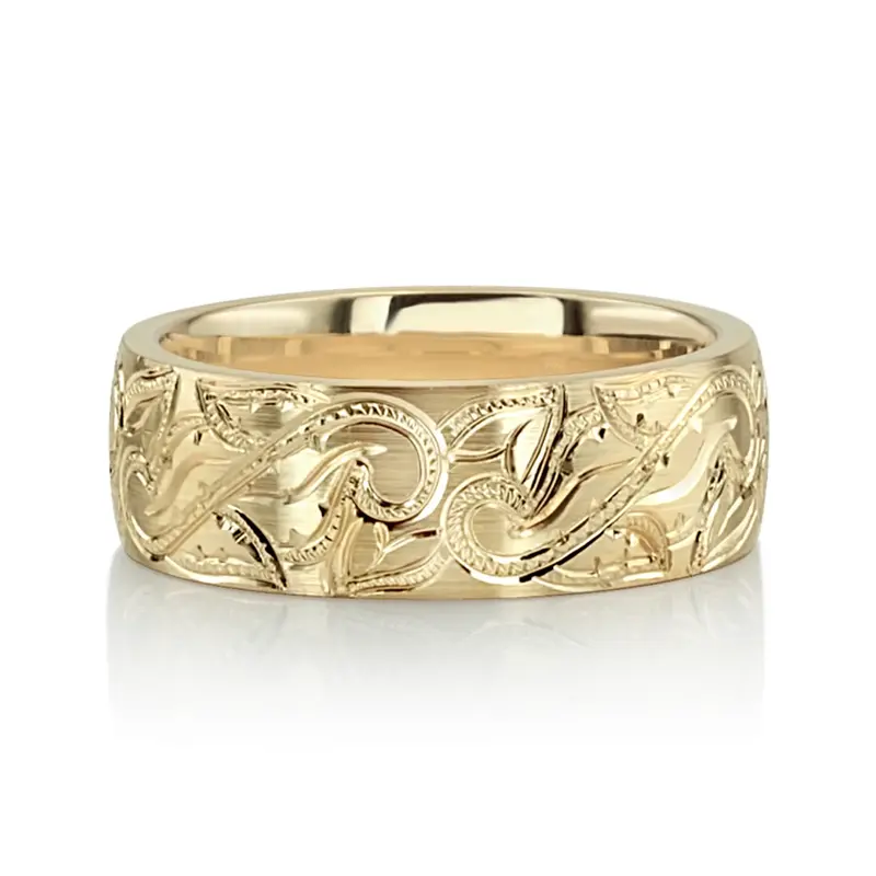 14K yellow gold 7mm. satin finish Chic-Leaf-Design-Wedding-Band - main view