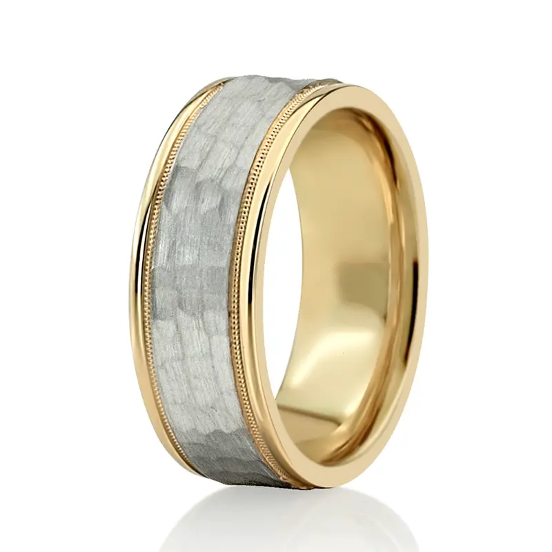 10K yellow-white-yellow gold 8mm. hammer basic-diamond-carved-wedding-ring - alternate view 6