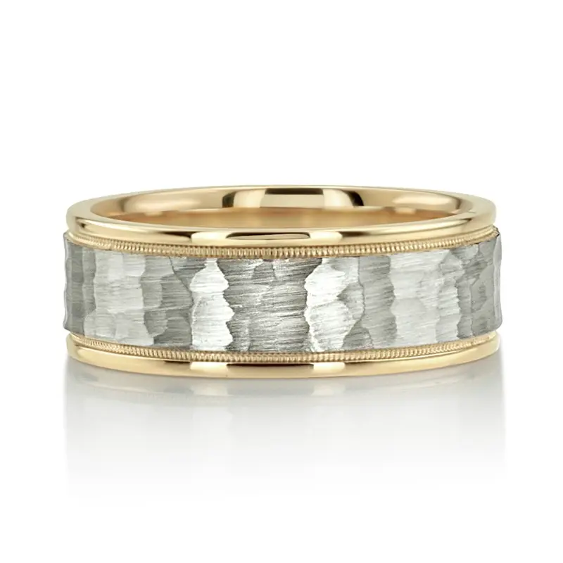 10K yellow-white-yellow gold 8mm. hammer basic-diamond-carved-wedding-ring - alternate view 3
