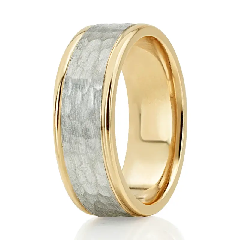 10K yellow-white-yellow gold 7.5mm. hammer two-tone-wedding-bands - alternate view 6