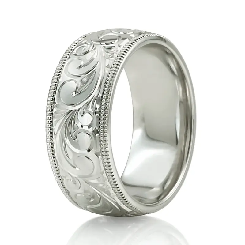 10K white gold 8mm. shiny finish fancy-carved-hand-engraved-wedding-band - alternate view 10