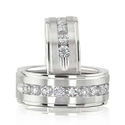 Step Edge Channel Diamond Wedding Band Set - view 1 of 4