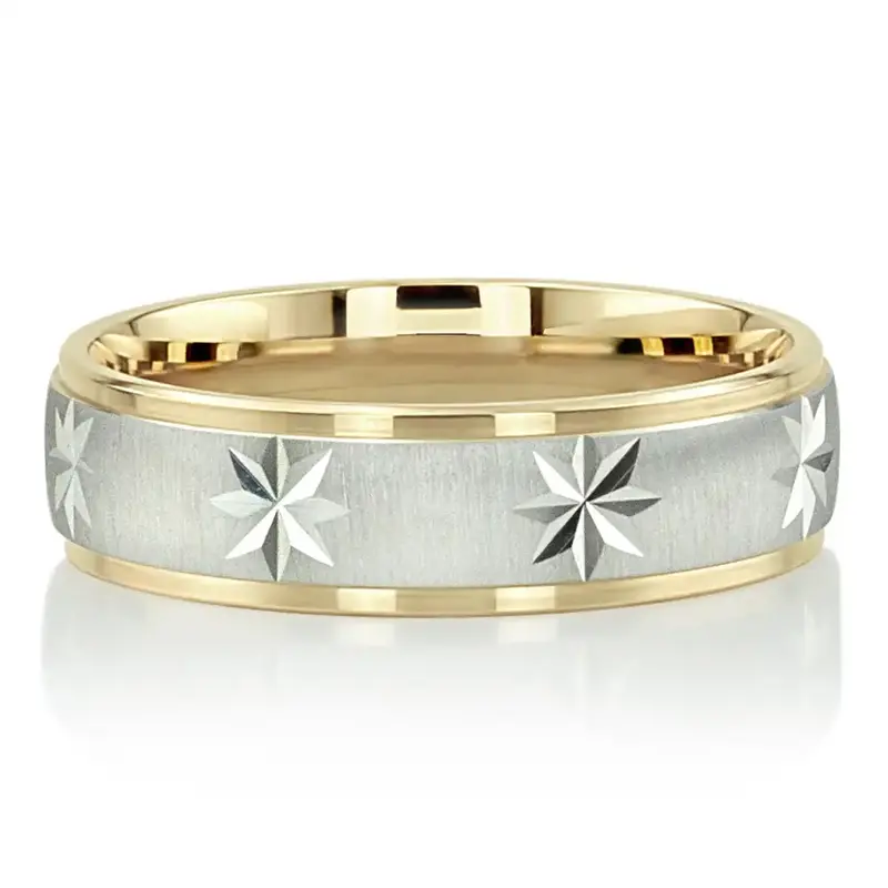 10K yellow-white-yellow gold 7mm. cross satin diamond-carved-wedding-ring - alternate view 8