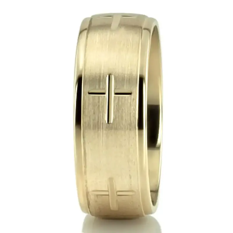 18K all yellow gold 8.5mm. satin finish basic-carved-religious-wedding-band - alternate view 5