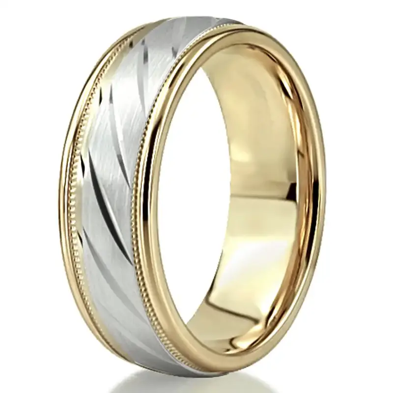10K yellow-white-yellow gold 7mm. satin finish basic-carved-diamond-cut-wedding-ring - alternate view 8