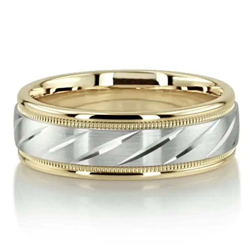 10K yellow-white-yellow gold 7mm. satin finish basic-carved-diamond-cut-wedding-ring - alternate view 3