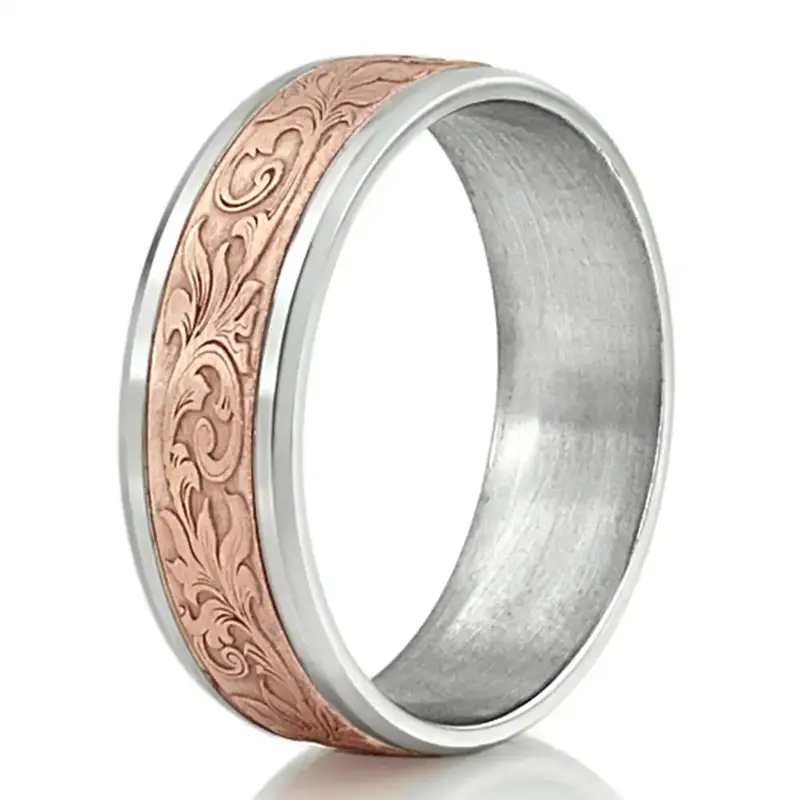 14K white-pink-white gold 8mm. satin finish Benchmark-8mm-Comfort-Fit-Victorian-Flora-Design-B - alternate view 10