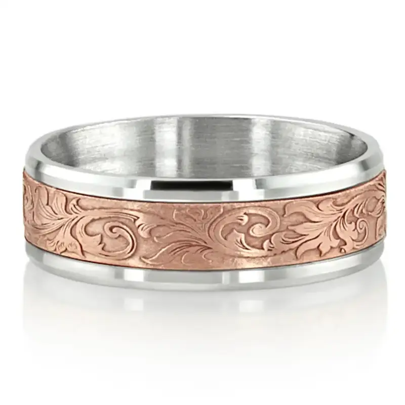 14K white-pink-white gold 8mm. satin finish Benchmark-8mm-Comfort-Fit-Victorian-Flora-Design-B - alternate view 11