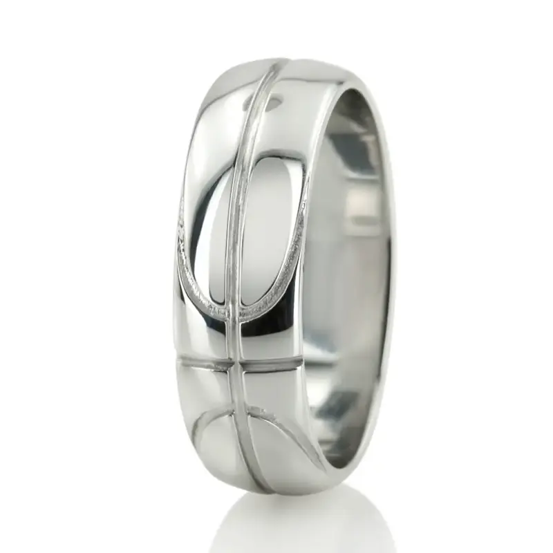 18K all white gold 7mm. high polish Basketball-Design-Wedding-Band - alternate view 4