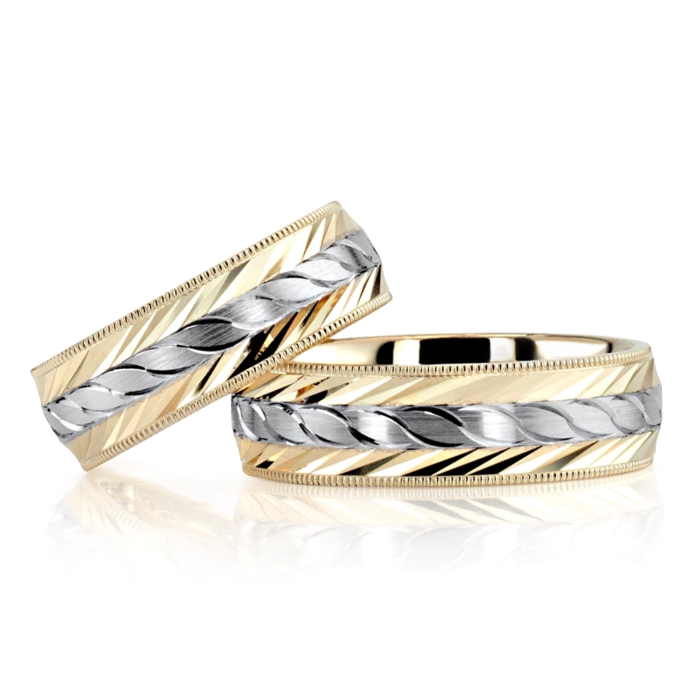 Fine Incised Diamond Cut Wedding Band Set - view 1