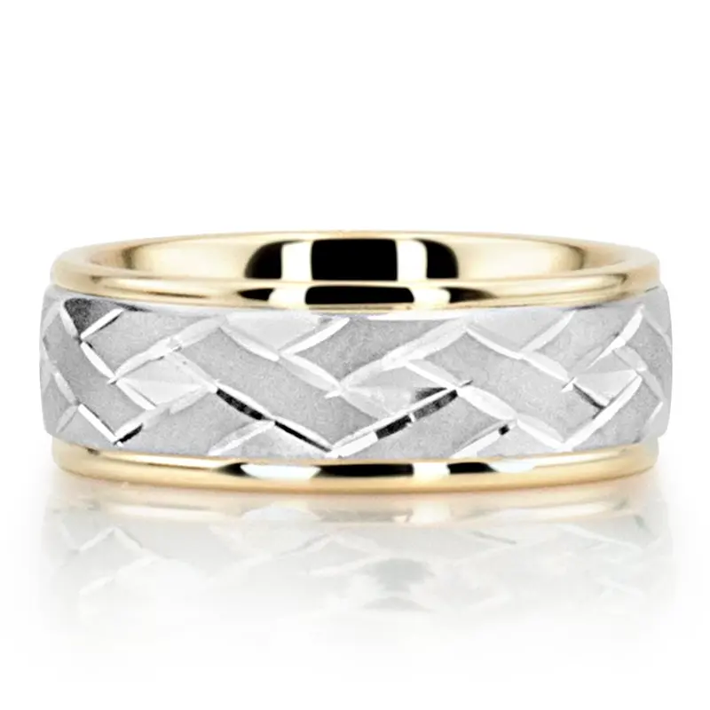 10K yellow-white-yellow gold 7mm. sand blast Fancy-carved-diamond-cut-wedding-ring - alternate view 10