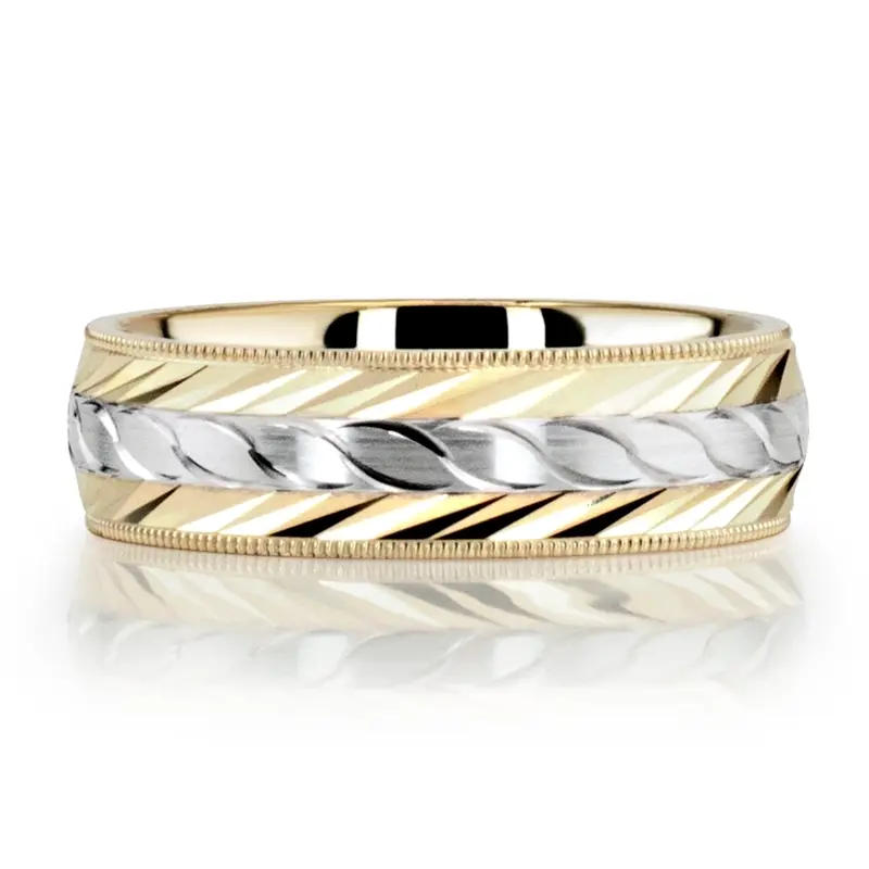 10K yellow-white-yellow gold 7mm. satin fancy-carved-diamond-cut-wedding-ring - alternate view 2