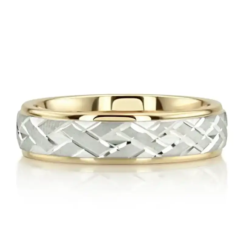 10K yellow-white-yellow gold 5mm. sand blast Fancy-carved-diamond-cut-wedding-ring - alternate view 8