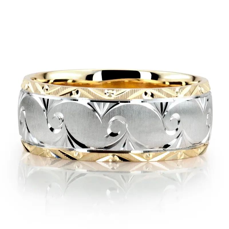 10K yellow-white-yellow gold 10mm. cross satin fancy-carved-diamond-cut-wedding-ring - alternate view 8