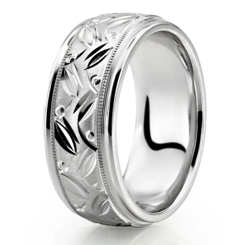 10K white gold 8mm. cross satin hand-engraved-fancy-carved-wedding-band - alternate view 8