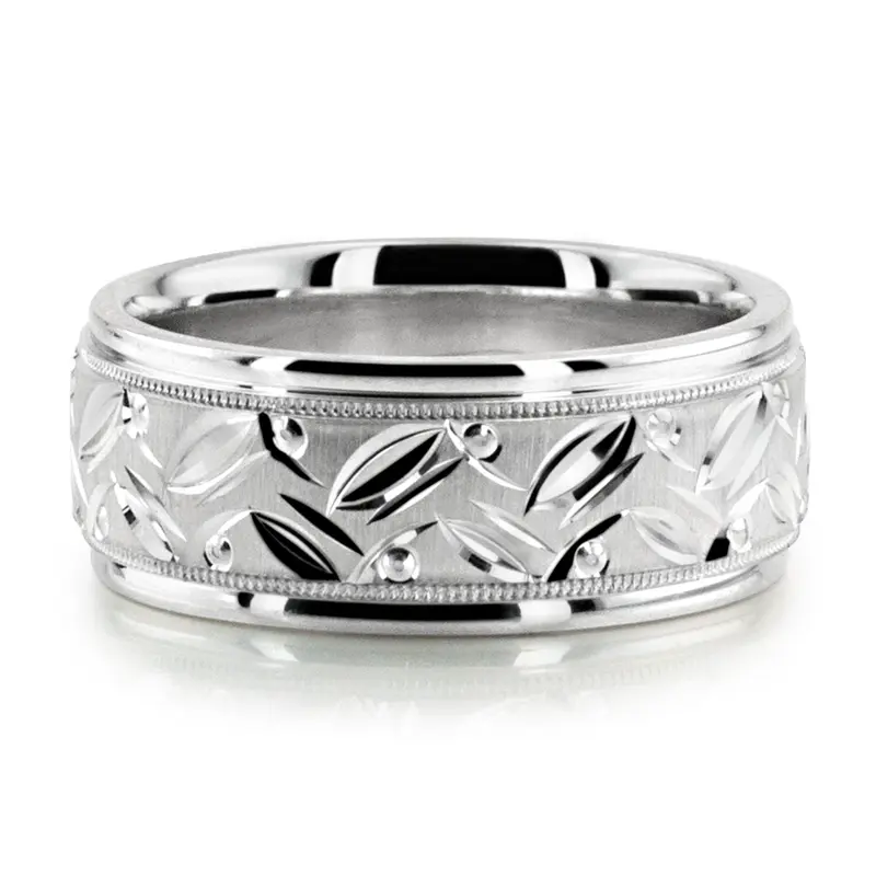 10K white gold 8mm. cross satin hand-engraved-fancy-carved-wedding-band - alternate view 2