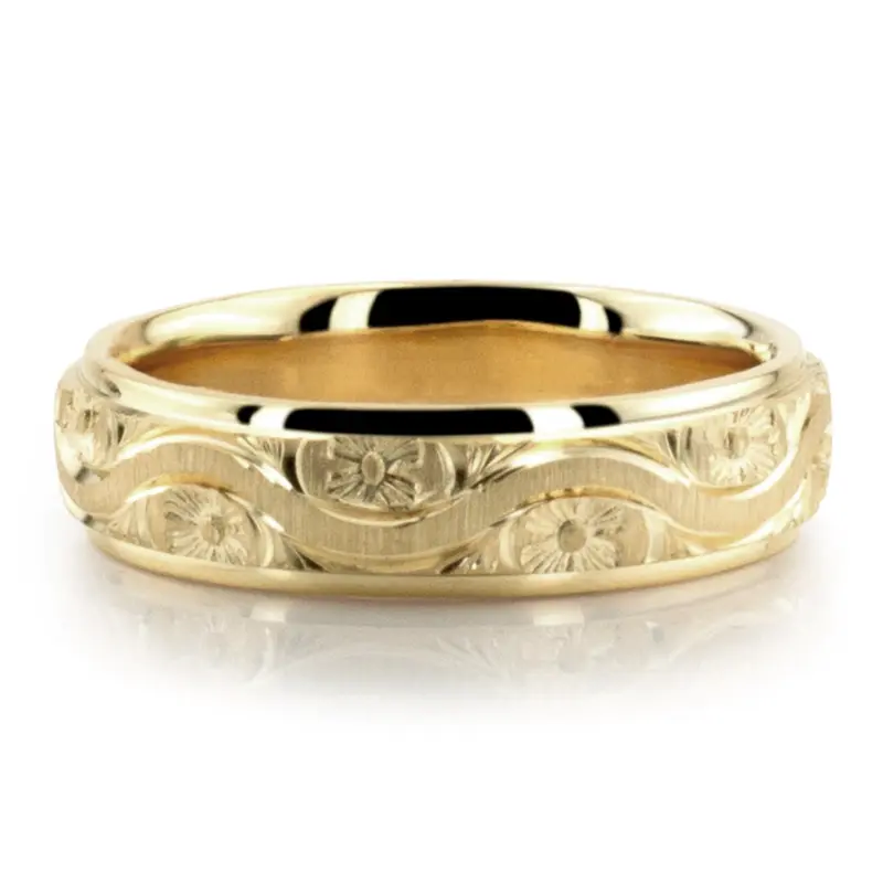 10K yellow gold 5mm. cross satin hand-engraved-fancy-carved-wedding-band - alternate view 6