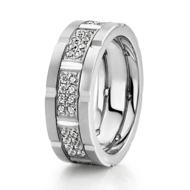 10K white gold 8mm. satin finish Rolex Inspired Dual Row Diamond Ring - main view
