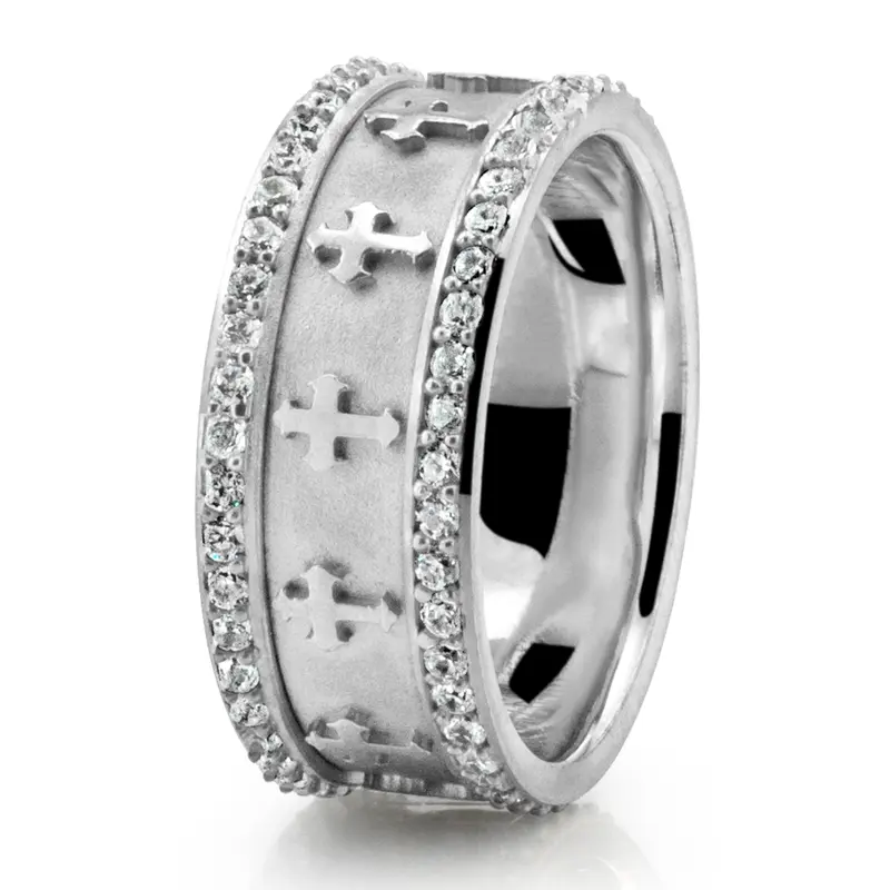 10K white gold 8mm. same as picture Cross Design Diamond Edge Wedding Band - alternate view 3