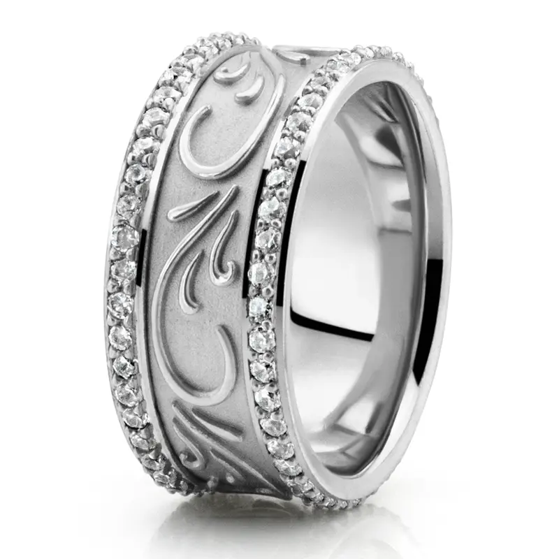14K white gold 9mm. same as picture Scroll Engraved Diamond Edge Fancy Wedding Ring - main view