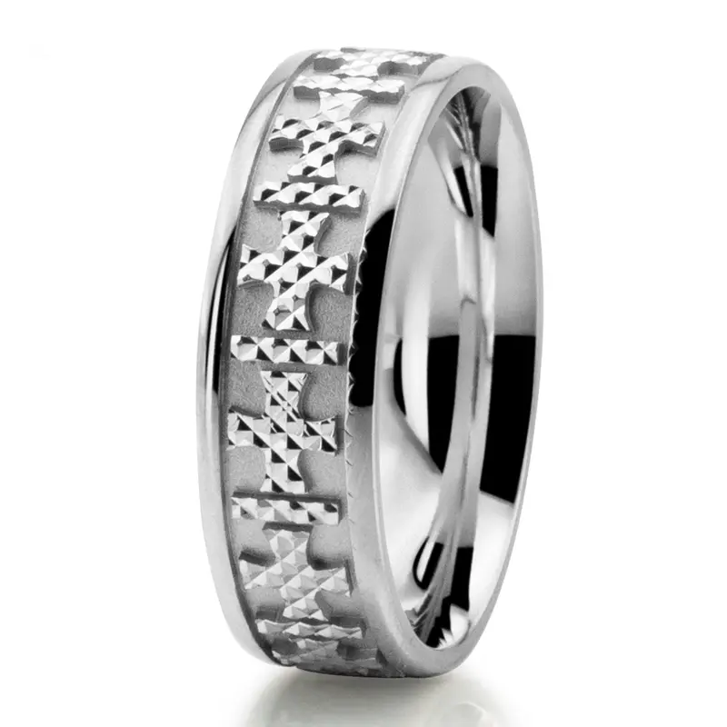 10K white gold 7mm. same as picture Carved Cross Heritage Wedding Ring - main view