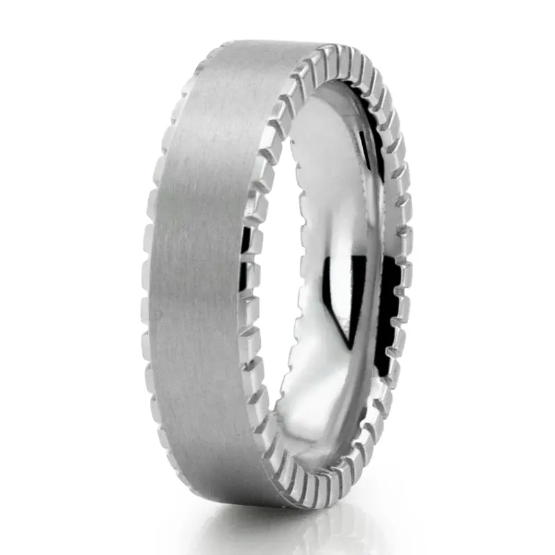 14K white gold 6mm. satin finish Gear Edge Wedding Band - main view