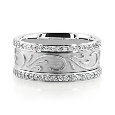 Scroll Engraved Diamond Edge Fancy Wedding Ring - view 2 thumbnail