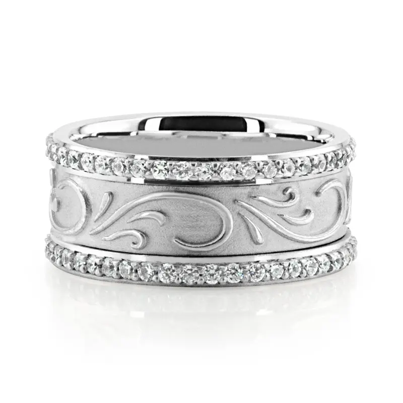 14K white gold 9mm. same as picture Scroll Engraved Diamond Edge Fancy Wedding Ring - alternate view 3