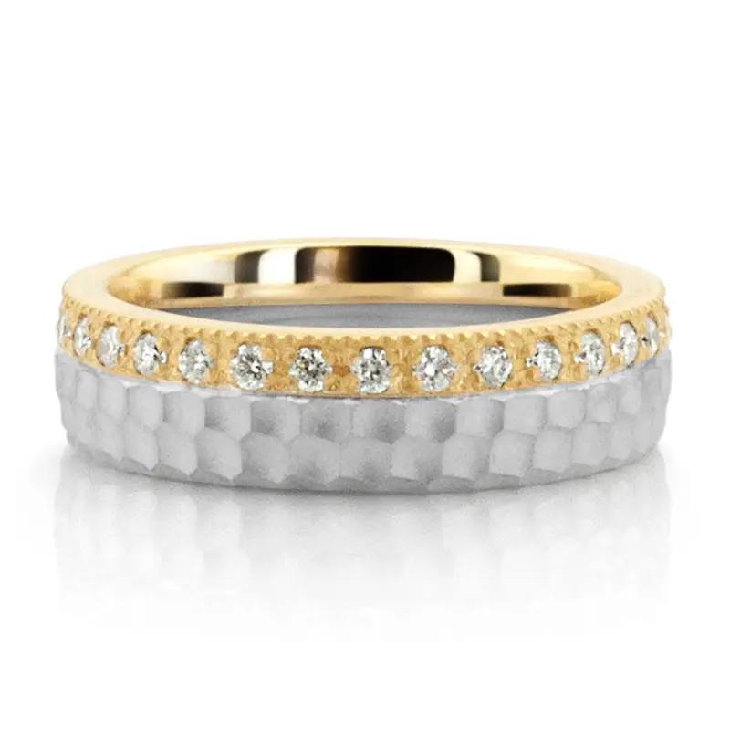 14K same as picture gold 5mm. same as picture Honeycomb Diamond Wedding Band in Yellow and White Gold - main view