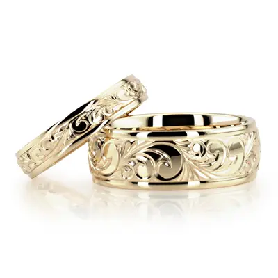 Floral Scroll Carved Wedding Band Set - view 1 of 2