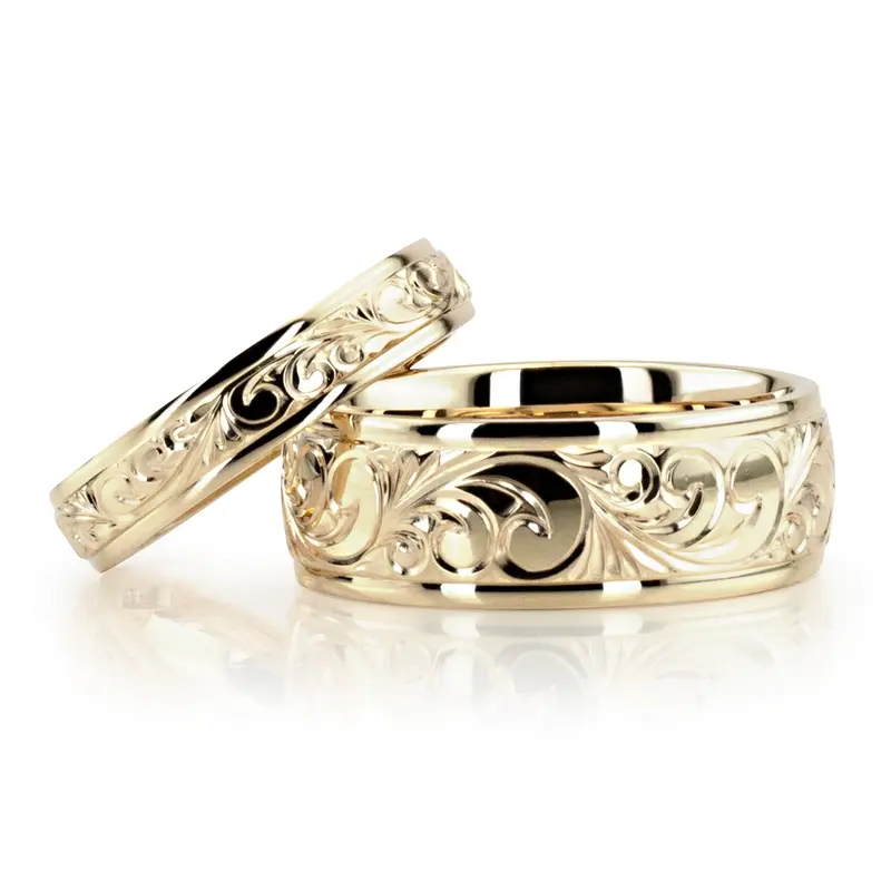 18K Floral Carved His and Hers Wedding Band Set - main view