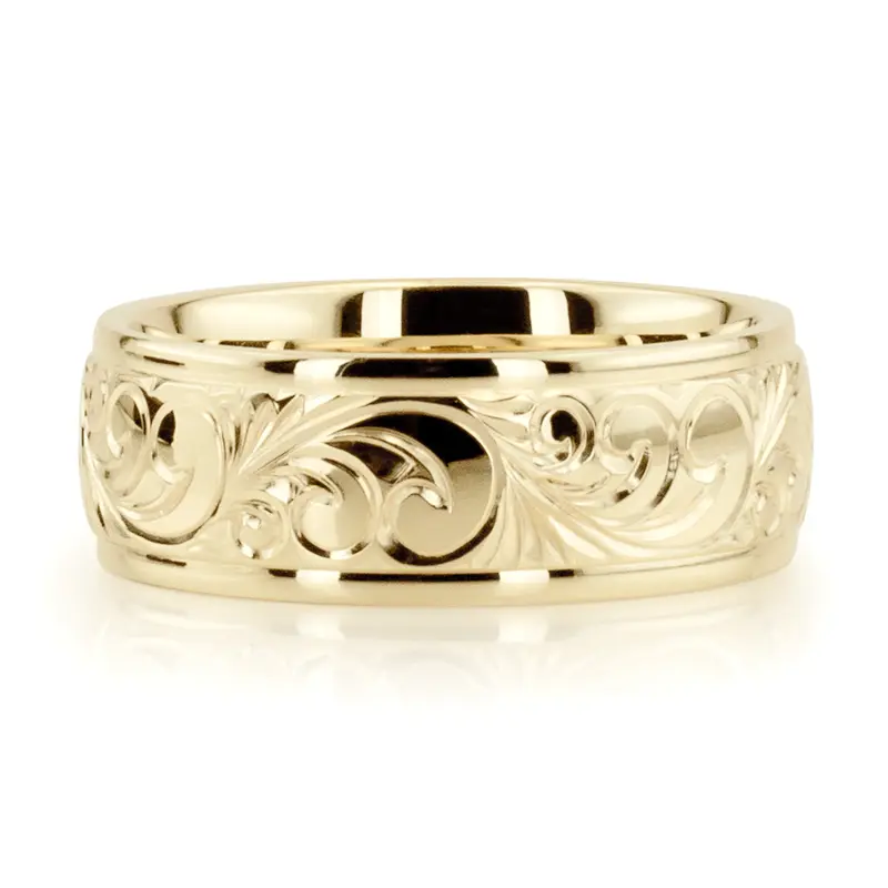 10K yellow gold 8mm. shiny finish Floral Harmony Hand-Engraved Wedding Ring - alternate view 2