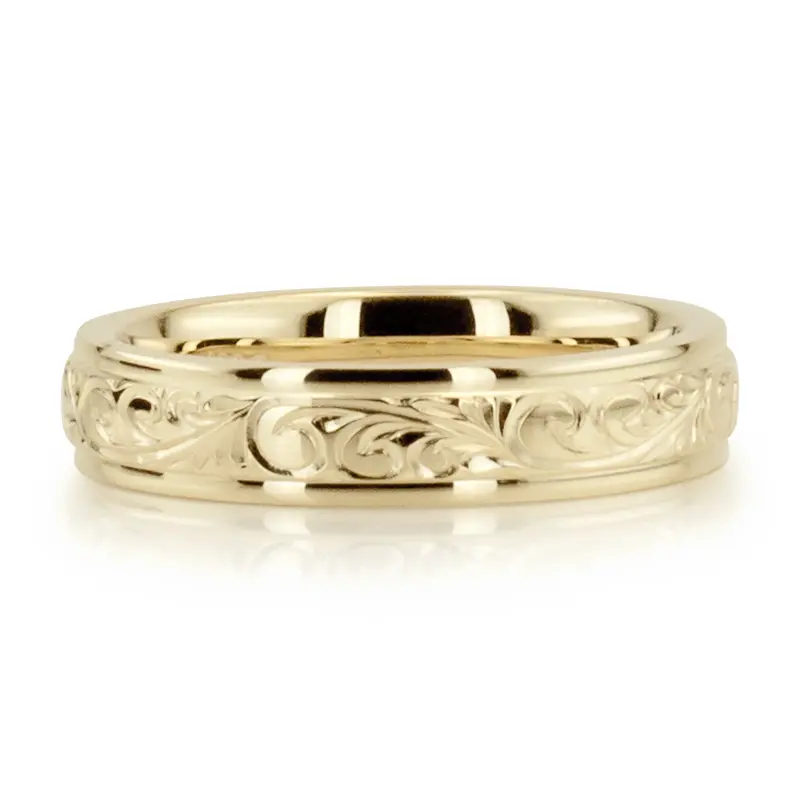 10K yellow gold 4mm. shiny finish Floral Harmony Hand-Engraved Wedding Ring - alternate view 4