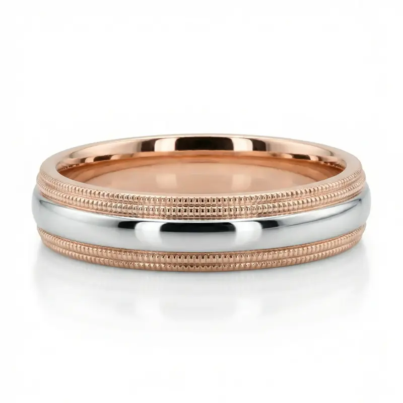 18K pink-white-pink gold 5mm. shiny finish basic-carved-simple-wedding-ring - alternate view 5