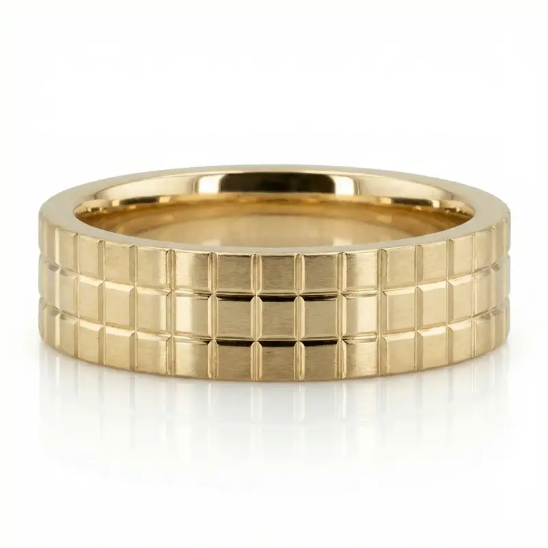 14K yellow gold 5mm. cross satin basic-diamond-carved-wedding-band - main view