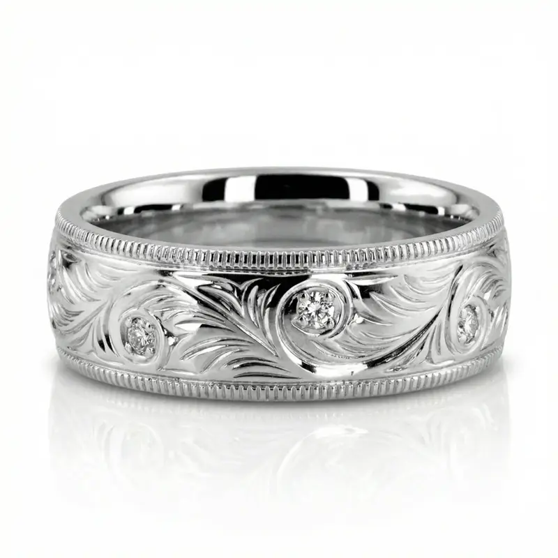 14K white gold 7mm. shiny finish Fashionable-Diamond-Wedding-Band - alternate view 3