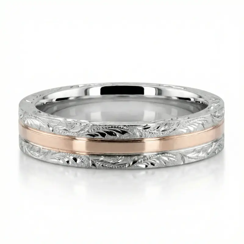 18K white-pink-white gold 5mm. satin finish fancy-carved-hand-engraved-wedding-band - alternate view 3