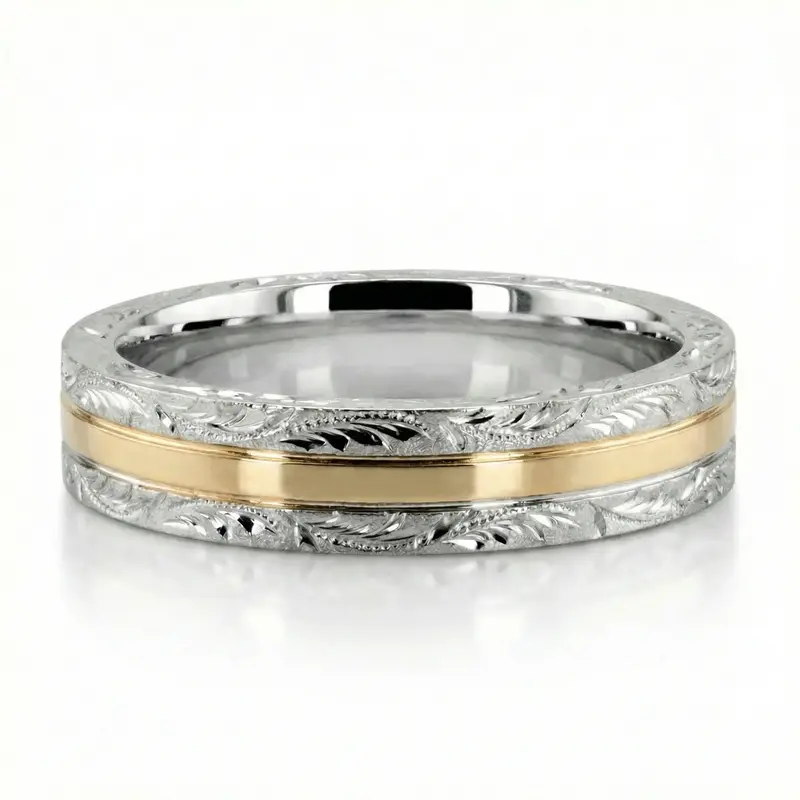 18K white-yellow-white gold 5mm. satin finish fancy-carved-hand-engraved-wedding-band - alternate view 4