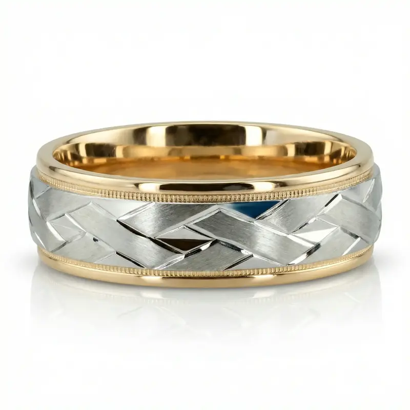 10K yellow-white-yellow gold 7mm. satin finish fancy-carved-diamond-cut-wedding-band - alternate view 2