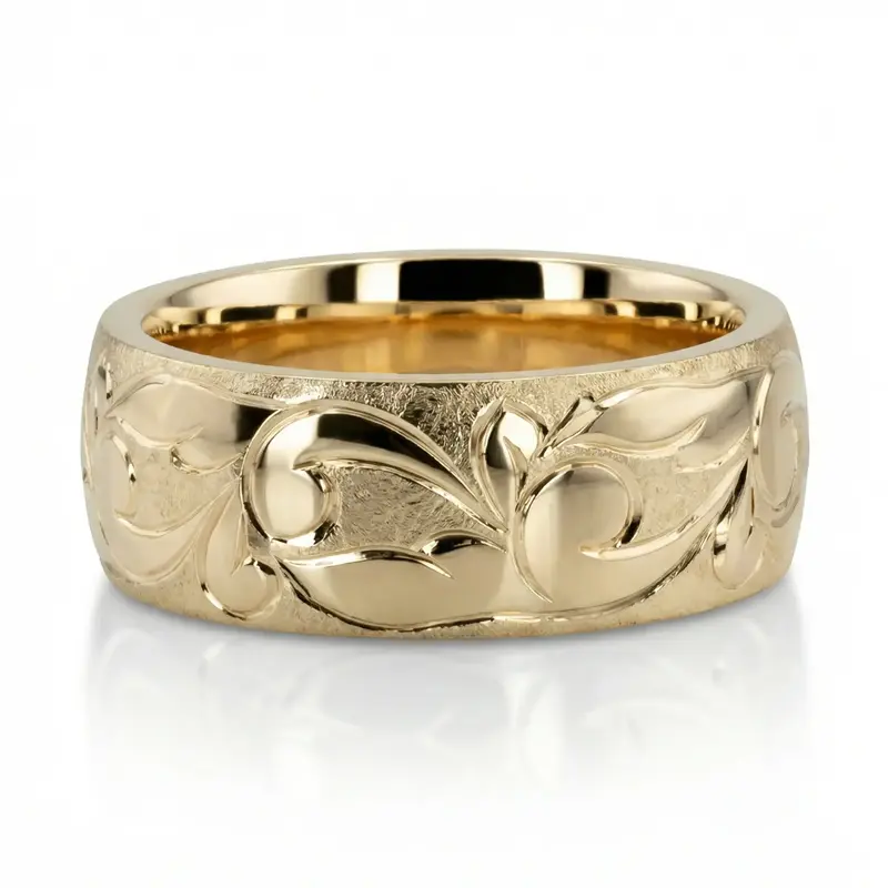 18K yellow gold 7mm. wire matte fancy-carved-hand-engraved-wedding-band - alternate view 2
