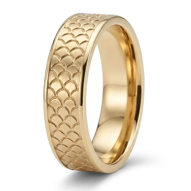 14K yellow gold 7mm. satin finish fishscale-fancy-wedding-band - alternate view 4