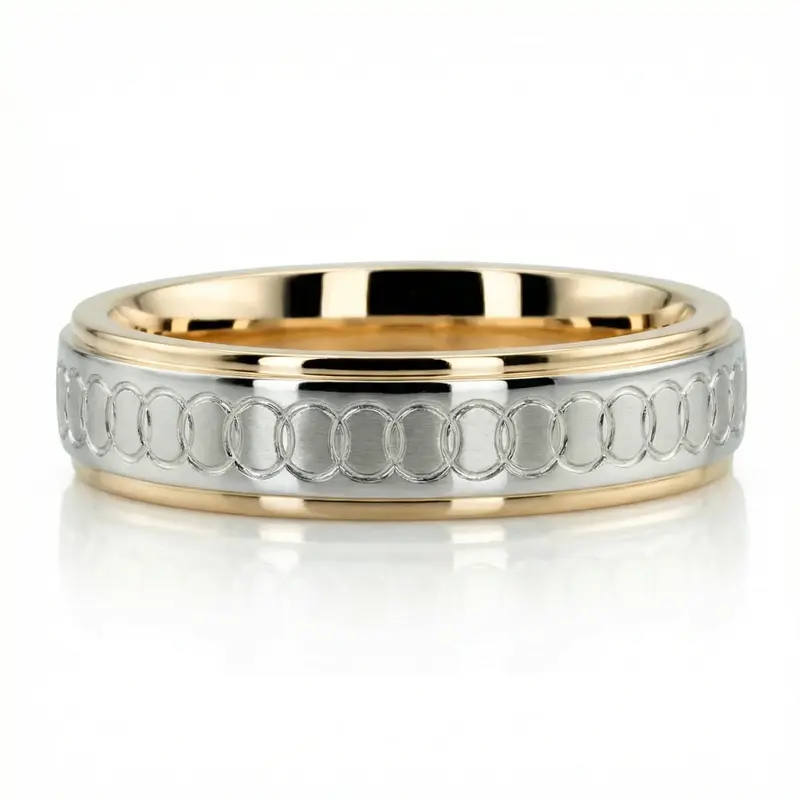 10K yellow-white-yellow gold 5mm. satin finish fancy-carved-diamond-cut-wedding-band - alternate view 5